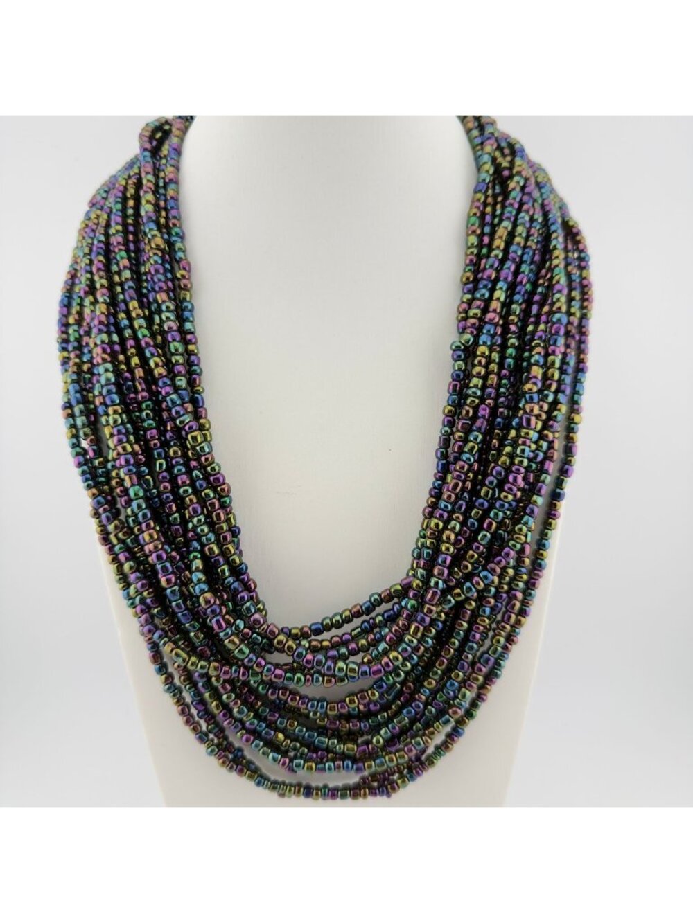 Multicolor Glass Seed Bead Layered Statement Bib Necklace Oil Slick Peacock